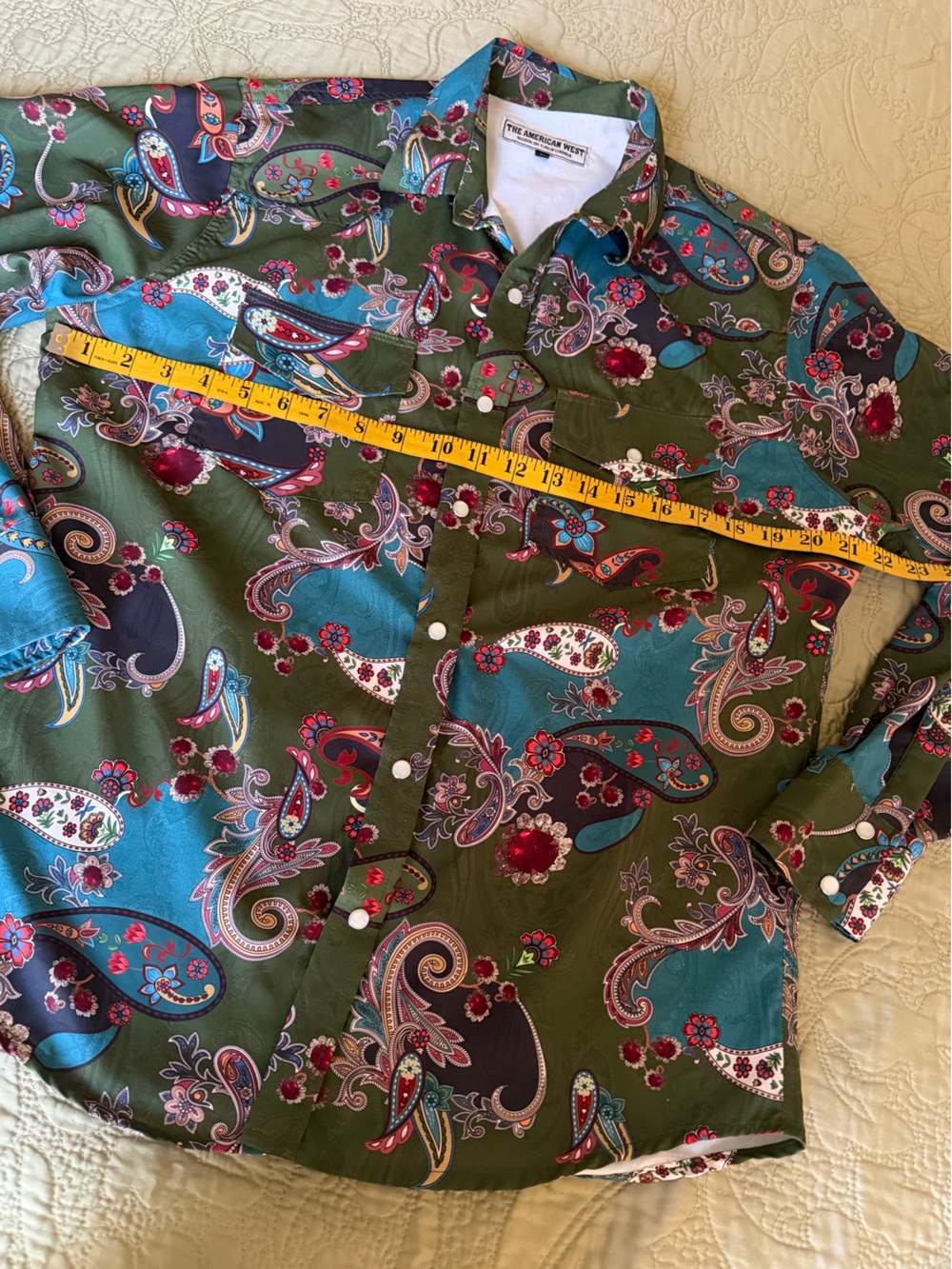The American West Gemstone Paisley Snap Shirt M Olive Turquoise Western Cowgirl - Picture 8 of 11